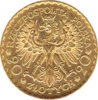 Poland coin 20 Złotych (1925) reverse reverse of 20 Złotych (1925) coin with Y# 33 from Poland.