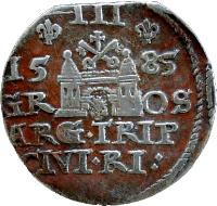 Polish–Lithuanian Commonwealth coin 3 Groschen - Stephen Báthory (1581 - 1586) reverse reverse of 3 Groschen - Stephen Báthory (1581 - 1586) coin with MK# 8096b from Polish–Lithuanian Commonwealth. Inscription: III 15 85 GR OS ARG.TRIP CIVI.RI: :GE