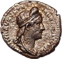 Rome (ancient) coin 1 Denarius - Sabina (128 - 129) obverse obverse of 1 Denarius - Sabina (128 - 129) coin with RIC# 398 from Rome (ancient). Inscription: SABINA AVGVSTA HADRIANI AVG P P