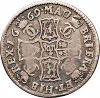 Scotland coin 1 Merk - Charles II (1664 - 1674) reverse reverse of 1 Merk - Charles II (1664 - 1674) coin with SP# 5611 from Scotland. Inscription: MAG BRI · FRA ET · HIB REX · 16 70: XIII 4