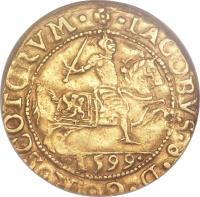 Scotland coin 1 Rider - James VI (1593 - 1601) obverse obverse of 1 Rider - James VI (1593 - 1601) coin with SP# 5458 from Scotland. Inscription: · IACOBVS · 6 · D · G · R · SCOTORVM · · 1599 ·