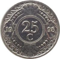 reverse of 25 Cents - Beatrix (1989 - 2014) coin with KM# 35 from Netherlands Antilles. Inscription: 25 c 19 91
