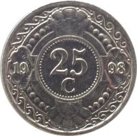 Netherlands Antilles coin 25 Cents - Beatrix (1989 - 2014) reverse reverse of 25 Cents - Beatrix (1989 - 2014) coin with KM# 35 from Netherlands Antilles. Inscription: 25 c 19 91