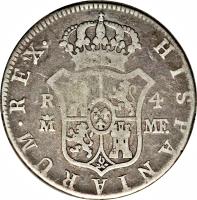 Spain coin 4 Reales - Carlos IV (1788 - 1808) reverse reverse of 4 Reales - Carlos IV (1788 - 1808) coin with KM# 431 from Spain. Inscription: HISPANIARUM.REX