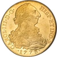 obverse of 8 Escudos - Carlos III (1771 - 1784) coin with KM# 409 from Spain. Inscription: CAROL · III · D · G · HISP · ET IND · R · · 1774 ·