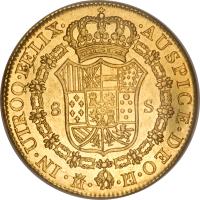 Spain coin 8 Escudos - Carlos III (1771 - 1784) reverse reverse of 8 Escudos - Carlos III (1771 - 1784) coin with KM# 409 from Spain. Inscription: IN · UTROQ · FELIX · · AUSPICE · DEO 8 S · M · · PJ ·