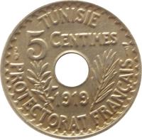 reverse of 5 Centimes - Muḥammad V an-Nāṣir (1918 - 1920) coin with KM# 242 from Tunisia. Inscription: TUNISIE 5 CENTIMES 1919 PROTECTORAT FRANCAIS