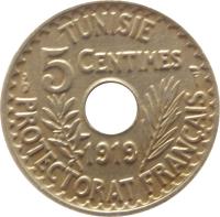 Tunisia coin 5 Centimes - Muḥammad V an-Nāṣir (1918 - 1920) reverse reverse of 5 Centimes - Muḥammad V an-Nāṣir (1918 - 1920) coin with KM# 242 from Tunisia. Inscription: TUNISIE 5 CENTIMES 1919 PROTECTORAT FRANCAIS