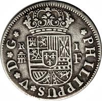 Spain coin 1 Real - Felipe V (1717 - 1729) obverse obverse of 1 Real - Felipe V (1717 - 1729) coin with KM# 299 from Spain. Inscription: PHILIPPUS · V · D · G · R 1
