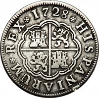 Spain coin 1 Real - Felipe V (1717 - 1729) reverse reverse of 1 Real - Felipe V (1717 - 1729) coin with KM# 299 from Spain. Inscription: HISPANIARUM · REX