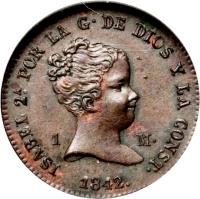 obverse of 1 Maravedi - Isabel II (1842 - 1843) coin with KM# 525 from Spain. Inscription: ISABEL 2 POR LA G- DE DIOS Y LA CONST. 1842 1 M