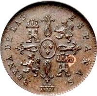 reverse of 1 Maravedi - Isabel II (1842 - 1843) coin with KM# 525 from Spain. Inscription: REYNA DE LAS ESPAÑAS. .J.