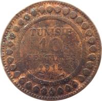Tunisia coin 10 Centimes - Muḥammad V an-Nāṣir (1907 - 1918) reverse reverse of 10 Centimes - Muḥammad V an-Nāṣir (1907 - 1918) coin with KM# 236 from Tunisia. Inscription: TUNISIE 10 CENTIMES 1911 A