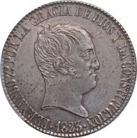 Spain coin 20 Reales - Fernando VII (1822 - 1823) obverse obverse of 20 Reales - Fernando VII (1822 - 1823) coin with KM# 563 from Spain. Inscription: FERNANDO 7° POR LA GRACIA DE DIOS Y LA CONSTITUCION .1823.