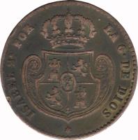 obverse of 2 Decima de Real - Isabel II (1853) coin with KM# 601 from Spain. Inscription: ISABEL 2 POR LA G · DE DIOS
