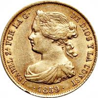 obverse of 100 Reales - Isabel II (1856 - 1862) coin with KM# 605 from Spain. Inscription: ISABEL 2A. POR LA G · DE DIOS Y LA CONST · 1859 ·