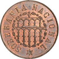 obverse of 25 Milesimas de Escudo - Provisional Government - The Glorious Revolution (1868) coin with KM# 645 from Spain. Inscription: SOBERANIA NACIONAL