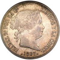 obverse of 2 Escudos - Isabel II (1865 - 1868) coin with KM# 629 from Spain. Inscription: ISABEL 2A POR LA G · DE DIOS Y LA CONST. .1867.