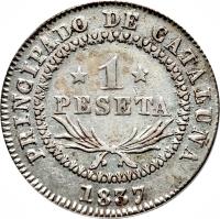 Spain coin 1 Peseta - Isabel II - Catalonia (1836 - 1837) reverse reverse of 1 Peseta - Isabel II - Catalonia (1836 - 1837) coin with KM# 129 from Spain. Inscription: PRINCIPADO DE CATALUNA * 1 * PESETA 1836