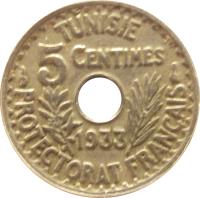 Tunisia coin 5 Centimes - Aḥmad II ibn Ali (1931 - 1938) reverse reverse of 5 Centimes - Aḥmad II ibn Ali (1931 - 1938) coin with KM# 258 from Tunisia. Inscription: TUNISIE 5 CENTIMES 1931 PROTECTORAT FRANÇAIS