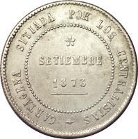 obverse of 5 Pesetas - Cantonal Revolution (1873) coin with KM# 716 from Spain. Inscription: CARTAGENA SITIADA POR LOS CENTRALISTAS SETIEMBRE 1873
