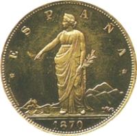 Spain coin 100 Pesetas - Provisional Government (1870) obverse obverse of 100 Pesetas - Provisional Government (1870) coin with KM# 664 from Spain. Inscription: *ESPAÑA* L · MARCHIONNI 1870