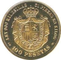 Spain coin 100 Pesetas - Provisional Government (1870) reverse reverse of 100 Pesetas - Provisional Government (1870) coin with KM# 664 from Spain. Inscription: LEY 900 MILLESIMAS 31 PIEZAS EN KILOG · S · D · 100 PESETAS · M ·