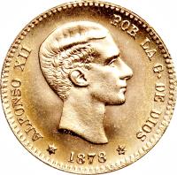 obverse of 10 Pesetas - Alfonso XII - 2'nd Portrait (1878 - 1879) coin with KM# 677 from Spain. Inscription: ALFONSO XII POR LA G · DE DIOS * 1879 *