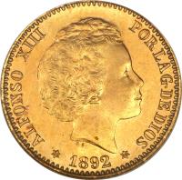 obverse of 20 Pesetas - Alfonso XIII (1892) coin with KM# 701 from Spain. Inscription: ALFONSO XIII POR LA G · DE DIOS G · S · 1892