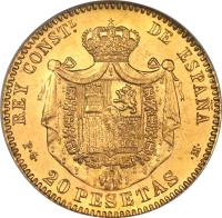 Spain coin 20 Pesetas - Alfonso XIII (1892) reverse reverse of 20 Pesetas - Alfonso XIII (1892) coin with KM# 701 from Spain. Inscription: REY CONSTL DE ESPAÑA P · G · 20 PESETAS · M ·