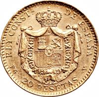 reverse of 20 Pesetas - Alfonso XIII (1896 - 1899) coin with KM# 709 from Spain. Inscription: REY CONSTL DE ESPAÑA S · M · 20 PESETAS · V ·