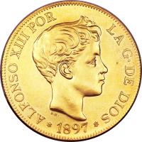 Spain coin 100 Pesetas - Alfonso XIII (1897 - 1962) obverse obverse of 100 Pesetas - Alfonso XIII (1897 - 1962) coin with KM# 708 from Spain. Inscription: ALFONSO XIII POR LA G · DE DIOS * 1897 *