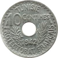 Tunisia coin 10 Centimes - Aḥmad II ibn Ali (1941 - 1942) reverse reverse of 10 Centimes - Aḥmad II ibn Ali (1941 - 1942) coin with KM# 267 from Tunisia. Inscription: TUNISIE 10 CENTIMES 1942 PROTECTORAT FRANÇAIS