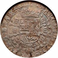 Spanish Netherlands coin 1/2 Patagon - Felipe IV (1622 - 1656) reverse reverse of 1/2 Patagon - Felipe IV (1622 - 1656) coin with KM# 46 from Spanish Netherlands. Inscription: · ARCHID · AVST · DVX · BVRG · BRAB · Z ·