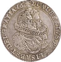 Spanish Netherlands coin 1 Ducaton - Alberto & Isabella (1618 - 1621) obverse obverse of 1 Ducaton - Alberto & Isabella (1618 - 1621) coin with KM# 49 from Spanish Netherlands. Inscription: · 16 21 · ALBERTVS · ET · ELISABET · DEI · GRATIA