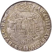 Spanish Netherlands coin 1 Ducaton - Alberto & Isabella (1618 - 1621) reverse reverse of 1 Ducaton - Alberto & Isabella (1618 - 1621) coin with KM# 49 from Spanish Netherlands. Inscription: · ARCHID · AVST · DVC ES · BVRG · BRAB · Z.ᶜ