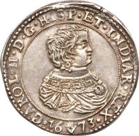Spanish Netherlands coin 1 Ducaton - Carlos II (1665 - 1680) obverse obverse of 1 Ducaton - Carlos II (1665 - 1680) coin with KM# 79 from Spanish Netherlands. Inscription: CAROL · II · D · G · HIPS · ET · INDIAR · REX · 16 73 ·