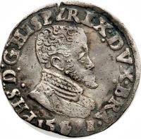 Spanish Netherlands coin 1/10 Ecu - Felipe II (1555 - 1598) obverse obverse of 1/10 Ecu - Felipe II (1555 - 1598) coin with GH# 213 from Spanish Netherlands. Inscription: Ph. D. G. Hispzrexdvxbra. 15 73