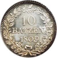 Swiss cantons coin 10 Batzen (1808 - 1818) reverse reverse of 10 Batzen (1808 - 1818) coin with KM# 14 from Swiss cantons. Inscription: 10 BATZEN 1809