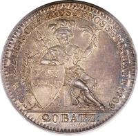 Swiss cantons coin 20 Batzen (1809) reverse reverse of 20 Batzen (1809) coin with KM# 17 from Swiss cantons. Inscription: SCHWEIZERISCHE EIDSGENOSSENSCHAFT 1809 20.BATZ: