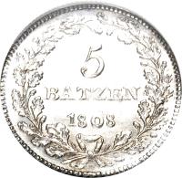 Swiss cantons coin 5 Batzen (1808 - 1811) reverse reverse of 5 Batzen (1808 - 1811) coin with KM# 13 from Swiss cantons. Inscription: 5 BATZEN 1808