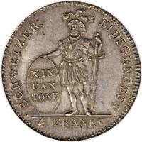 Swiss cantons coin 4 Franken (1812) reverse reverse of 4 Franken (1812) coin with KM# 9 from Swiss cantons. Inscription: SCHWEIZER: EIDSGENOSSᵀ: XIX CAN= TONE 4. FRANKᴺ: