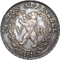 Swiss cantons coin 4 Franken (1812) obverse obverse of 4 Franken (1812) coin with KM# 12 from Swiss cantons. Inscription: CANTON APPENZELL V R 1816.