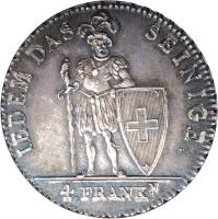 Swiss cantons coin 4 Franken (1812) reverse reverse of 4 Franken (1812) coin with KM# 12 from Swiss cantons. Inscription: IEDEM DAS SEINIGE. 4. FRANKᴺ: