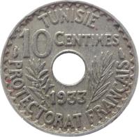 Tunisia coin 10 Centimes - Aḥmad II ibn Ali (1931 - 1938) reverse reverse of 10 Centimes - Aḥmad II ibn Ali (1931 - 1938) coin with KM# 259 from Tunisia. Inscription: TUNISIE 10 CENTIMES 1938 PROTECTORAT FRANÇAIS