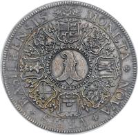 obverse of 2 Thaler (1738) coin with KM# 72 from Swiss cantons. Inscription: MONETA + NOVA + VRBIS + BASILEENSIS