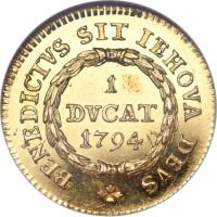 Swiss cantons coin 1 Ducat - Trade Coinage (1794) reverse reverse of 1 Ducat - Trade Coinage (1794) coin with KM# 148 from Swiss cantons. Inscription: BENEDICTVS SIT IEHOVA DEVS 1 DVCAT 1794