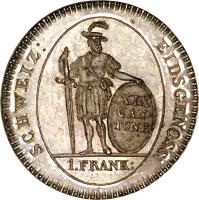 Swiss cantons coin 1 Frank (1811) reverse reverse of 1 Frank (1811) coin with KM# 174 from Swiss cantons. Inscription: SCHWEIZ: EIDSGENOSS: XIX CAN- TONE 1 FRANK: