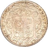 Swiss cantons coin 1 Thaler (1722 - 1723) obverse obverse of 1 Thaler (1722 - 1723) coin with KM# 69 from Swiss cantons. Inscription: IHS RESPLUBICA GENEVENSIS