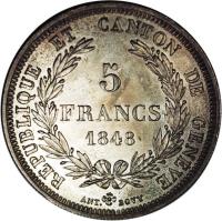 Swiss cantons coin 5 Francs (1848) reverse reverse of 5 Francs (1848) coin with KM# 137 from Swiss cantons. Inscription: REPUBLIQUE ET CANTON DE GENEVE 5 FRANCS 1848 ANT. BOVY